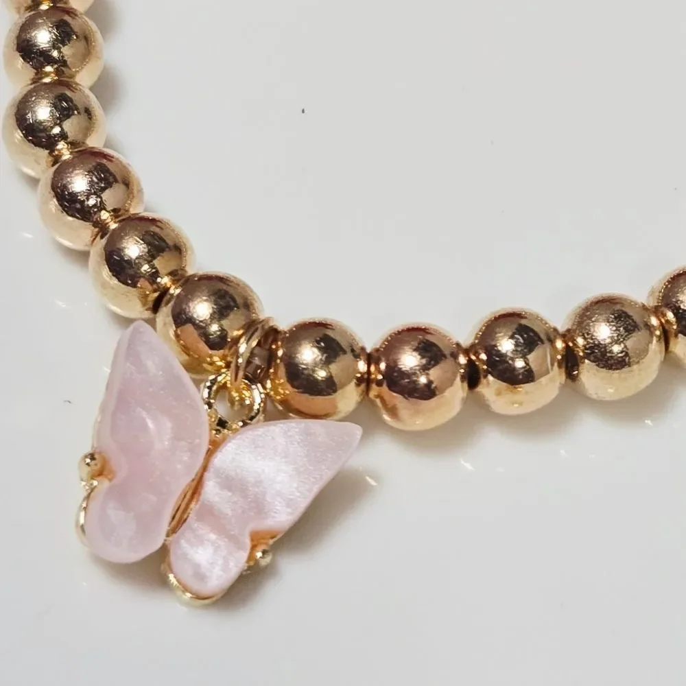 Pink Pearl Butterfly Charm Gold Beaded Bracelet Girls Tween Petite Spring Fairy